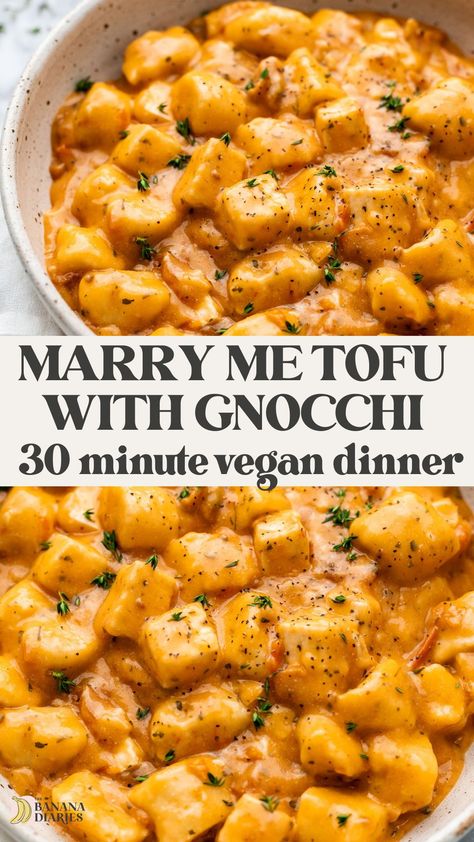 This irresistibly rich and creamy vegan Marry Me Tofu is the perfect date night vegan dinner recipe. It's even better than the popular Marry Me Chicken, featuring juicy crispy tofu cubes cooked in a creamy yet dairy free cheesy sun-dried tomato sauce and pillowy gnocchi- but so easy to make in just 30 minutes! Date Night Vegan Dinner, Creamy Vegan Gnocchi, Quick And Easy Dinner Recipes Healthy Vegetarian, Tofu Recipes Gluten Free, Vegan Anniversary Dinner, Marry Me Tofu Recipe, Date Night Dinner Recipes Vegetarian, Pasta And Tofu Recipes, Vegan Cheesy Pasta