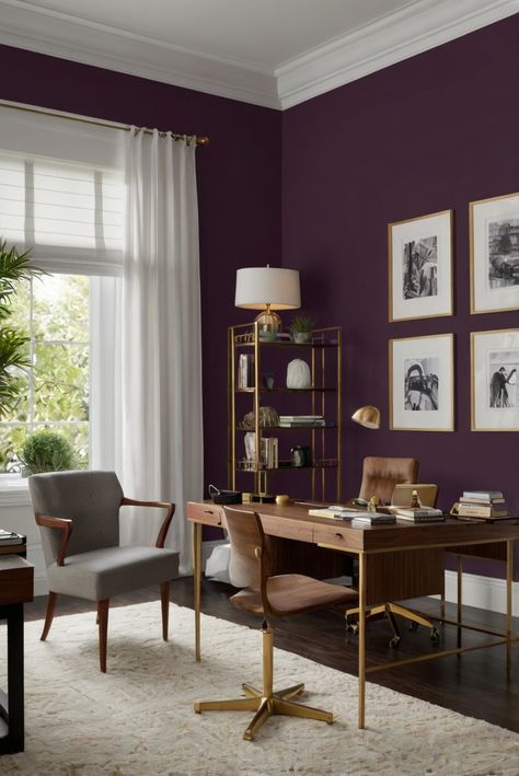 home decorating, home interior design, interior bedroom design, living room interior Moody Purple Office, Home Office Purple, Plum Office, Purple Office Ideas, Purple Home Office, Modern Bohemian Living Room, Purple Office, My Home Office, French Country Living Room