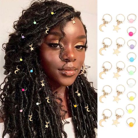 PRICES MAY VARY. Braid clips for hair are made of alloy, pack of 19 Dreadlock accessories are gold in color. Approx size: diameter of ring: bead: 0.63in/1.6cm, star & moon: 0.55in/1.4cm; bead: 0.28in*0.28in/0.7cm*0.7cm, star: 0.47in*0.47in/1.2cm*1.2cm, moon: 0.39in*0.43in/1cm*1.1cm. Loc jewelry for hair is easy to attach to braids. They are adjustable, and you can open the loop of these hair braid charms by twisting opening rings. Close the rings after hooking into your locs. And they are made o Hair Braid Charms, African Hair Jewelry, Hair Jewelry For Braids, Hair Braid Beads, Butterfly Braid, Butterfly Hair Accessories, Braid Clips, Hair Charms, Dreadlock Accessories