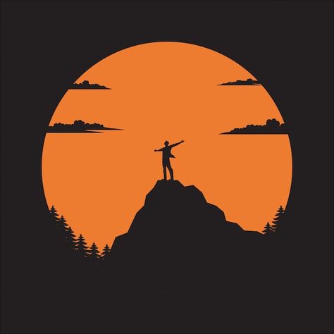 Silhouette the man of mountain on the su... | Premium Vector #Freepik #vector #mountain-top #mountain-climbing #climb #peak Travel Silhouette, Simple Vector Art, Vector Digital Art, Travel Graphics, Vector Art Design, Posca Art, Vector Silhouette, Vector Art Illustration, Landscape Illustration