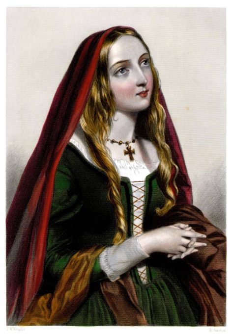 A romanticized Victorian (what else?) image of Elizabeth Woodville. Her costume is slightly off, but the artist has made her beautiful and given her the heavy-lidded "dragon eyes" she was famous for. Edward Iv, Elizabeth Woodville, Kings And Queens, King Edward, England, Queen, Green, Red, Hair