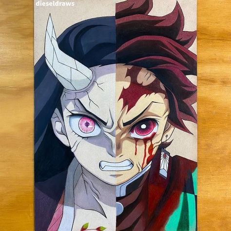 Nezuko And Tanjiro Drawing, Nezuko Painting, Tanjiro Painting, Drawing Aesthetic Sketchbook, Half Face Drawing, Animation Character Drawings, Face Art Drawing, Anime Canvas Painting, Markers Drawing Ideas