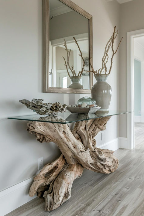 40 Unique Farmhouse Entry Table Decor Designs for Modern Homes Foyer Sculpture Interior Design, Live Edge Decor Ideas, Unique Console Tables, Console Table For Entryway, Dyi Console Table, Farmhouse Entry Table Decor Ideas, Farmhouse Entry Table Decor, Decorating With Driftwood, Rustic Furniture Ideas