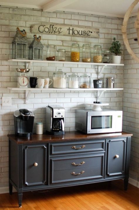 30+ Stylish Home Coffee Bar Ideas (Stunning Pictures Included) – Cats and Canines Coffee Blog Baie Vintage, Dapur Rustic, Bar Buffet, Diy Coffee Bar, Coffee Bar Design, Home Coffee Stations, Design Café, Kabinet Dapur, Kitchen Buffet