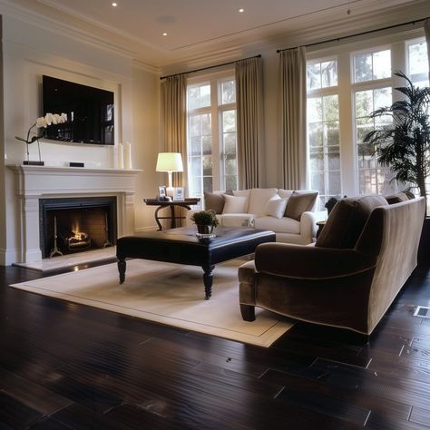 dark_wood_floors_living_room_decor_ideas_cozy 6 Dark Espresso Floors, Home Decor Ideas With Dark Wood Floors, Dark Floors Beige Walls, Dark Wood Floor Interior Design Living Room, Modern Organic Dark Floor, Dark Floor Design Interior, Kitchen With Dark Wood Flooring, Chocolate Brown Flooring, Black Floor Interior Design