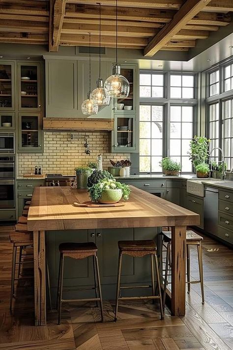 French Cottage Kitchen Island, Kitchen Island With Open Shelving, Kitchen Eat In, Modern Country Kitchen Island, Kitchen Flooring Ideas Farmhouse, Kitchen Island With Wrap Around Seating, Kitchen Ideas Island Table, Table Instead Of Island In Kitchen, Farmhouse Style Kitchen Island