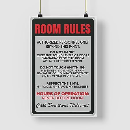 Inephos Paper room rule Funny ,, Grey, 12 inch X 18 inch Signs Of Genius, Room Rules, Mental Development, Kitchen Artwork, Typography Poster Design, Funny Posters, Baby Health, Tidy Up, Gaming Gifts