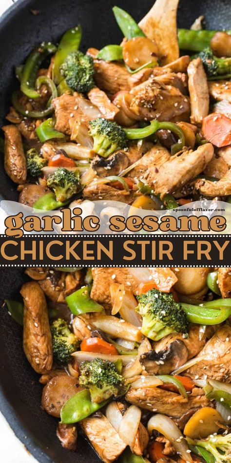 Another healthy food idea is this garilc sesame chicken stir fry!  This healthy dinner recipe gives you a healthy combination of vegetables and authentic Chinese stir fry flavor. Try this sesame chicken stir fry recipe! Sesame Chicken Stir Fry, Stir Fry Recipes Healthy, Chicken Stir Fry Recipe, Chinese Stir Fry, Healthy Dinner Recipe, Stir Fry Recipes Chicken, Veggie Snacks, Chinese Cooking Recipes, Stir Fry Recipe