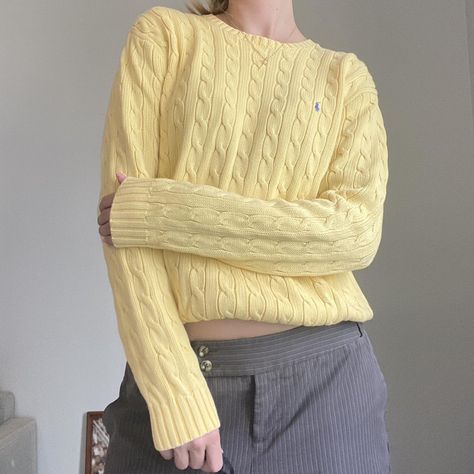 Pale yellow Ralph Lauren Spring Sweater🌸✨ Butter Yellow Sweater, Ralph Lauren Cable Knit Sweater Outfits, Color Block Outfits, Cable Knit Sweater Outfit, Ralph Lauren Cable Knit Sweater, Classic Ralph Lauren, Ralph Lauren Cable Knit, Knit Sweater Outfit, Daily Clothes