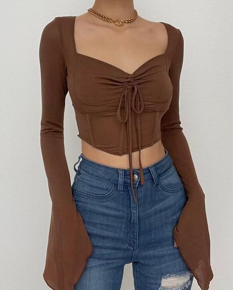 Halibuy on Instagram: "For special you 💕 Long sleeve solid drawstring ruched self tie crop top . #halibuy #halibuyfashion" Tops Outfit Ideas, Self Tie Crop Top, Tops Outfit, Sheer Mesh Dress, Halter Swimwear, Brown Tops, Tie Crop Top, Crop Top Outfits, Brown Top