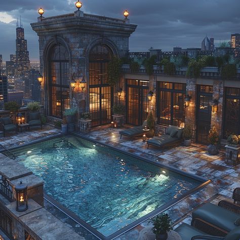 Art Deco Luxury, Rooftop Swimming Pool, Apartment In Chicago, Chicago Cityscape, Luxury Swimming Pools, Twilight Sky, Luxurious Lifestyle, Rise Art, Luxury Apartment