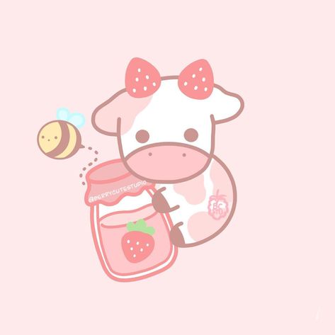 Copyright to this drawing is owned by Berrycutestudio. Use without permission is prohibited. Strawberry Cow, Cartoon Cow, Strawberries, Jam, Cow, Bee