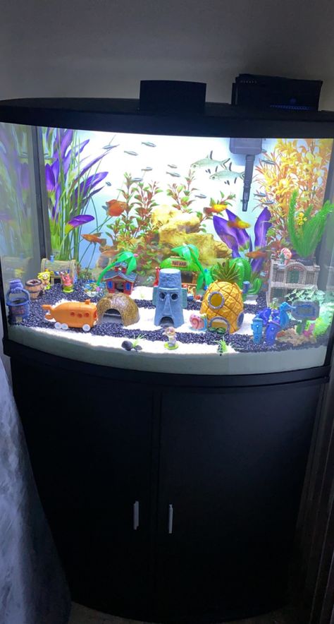 Aesthetic Fish Aquarium, Spongebob Tank Ideas, Betta Fish Tanks Ideas, Aquarium Themes Tanks, Fish Tank In Apartment, Spongebob Fish Tank Ideas, Awesome Fish Tanks, Fish Tank Ideas Bedroom, Fish Aquarium Ideas For Bedroom