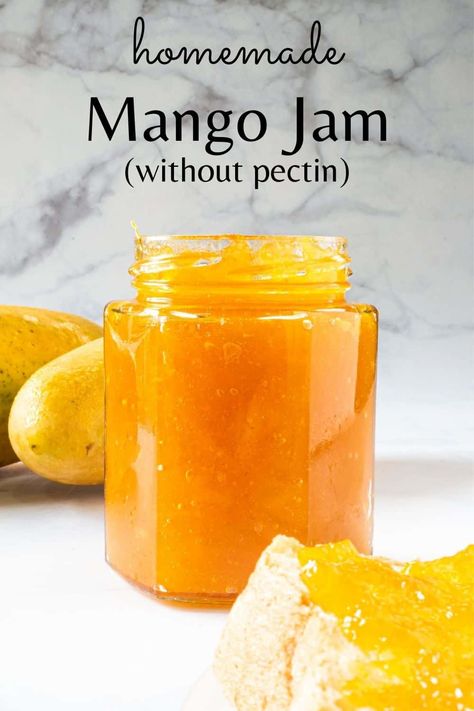 This mango jam without pectin is an awesome way to use up ripe mangoes in season. With just 3 ingredients, this is a super easy jam to make. #mangojam #mangojamrecipe #howtomakemangojam #mangojamwithoutpectin #easymangojam #homemademangojam #easyhomemademangojam #decoratedtreats #homemadejam Jam Without Pectin, Mango Jelly, Easy Jam, Mango Dessert Recipes, Mango Jam, Tupperware Recipes, Marmalade Recipe, Jam Recipes Homemade, Mango Pulp