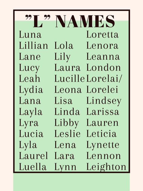 L Names For A Girl, Names That Start With T, L Names For Girls, Names That Start With A, L Girl Names, L Baby Names, L Name, Oc Names