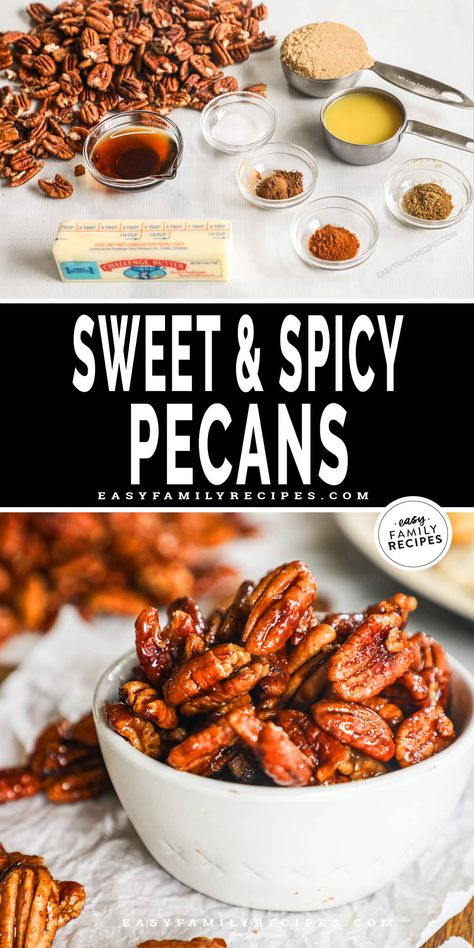 These Sweet and Spicy Pecans are perfect for snacking or for adding texture and flavor to any recipe! These spicy candied pecans are tossed in butter and sweet spices, then coated in a maple, orange, and brown sugar. Serve these spicy pecans recipe as a snack or sprinkle over mashed potatoes, baked brie, roasted veggies, or even your favorite cereal. These sweet and spicy pecans with brown sugar won't last long! Spicy Pecans Recipe, Spicy Candied Pecans, Sweet And Spicy Pecans, Mashed Potatoes Baked, Roasted Pecans Recipe, Spicy Walnuts, Spicy Pecans, Mouthwatering Desserts, Spicy Nuts