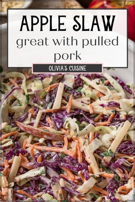 Fruit Slaw Recipes, Apple Cole Slaw For Pulled Pork, Pulled Pork Slaw Recipe, Slaw For Pulled Pork Sandwiches, Pork Side Dish, Pulled Pork Coleslaw Recipe, Pulled Pork Side Dishes, Slaw For Pulled Pork, Pulled Pork Sides