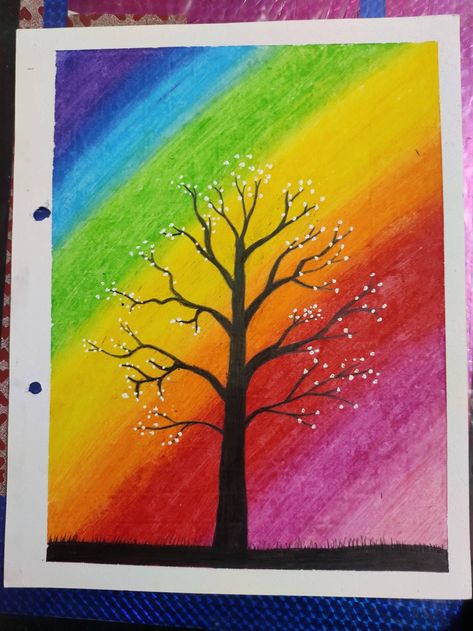 Oil pastel drawing Competition Drawing Ideas, Pastel Colour Drawing Easy, Draw With Pastels, Beautiful Tree Drawing, Best Oil Pastel Drawings, Drawing Rainbow, Oil Pastel Drawing For Kids, Pastel Color Drawing, Oilpastel Drawing Pastel Art