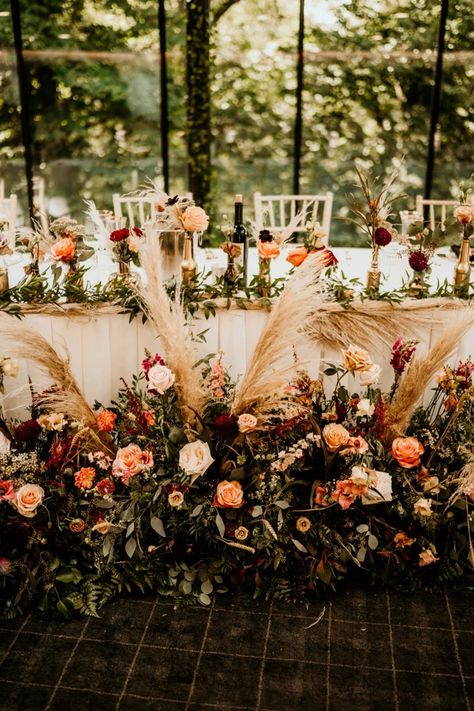 Outdoor Wedding Colors, Bridesmaid Dresses Burnt Orange, Floral Outdoor Wedding, Burnt Orange Bridesmaid, Top Table Flowers, Wedding In Ireland, Orange Wedding Themes, Wedding Top Table, Burnt Orange Bridesmaid Dresses