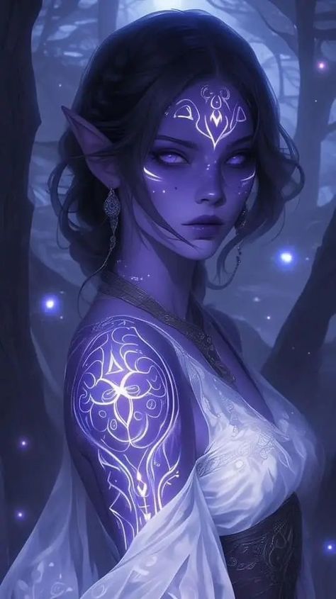 Werewolf Princess, Purple Skin Character, Moon Elf Female Dnd, Female Dnd Character, Female Elf Art, Dark Elf Woman, Moon Elf, Hair Dye Ideas, Female Elf