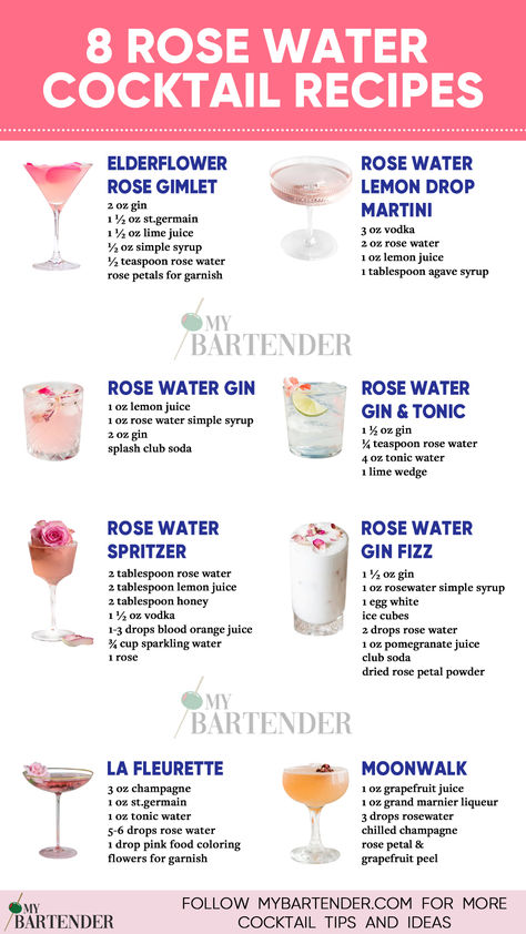 Rose Water Cocktail Rose Cocktail Recipes Easy, Recipes With Rose Water, Rose Petal Cocktail, Rose Flavored Drinks, Rose Gin Cocktail Recipe, Rose Gin Cocktail, Low Calorie Gin Cocktails, Rose Water Recipe, Rose Water Cocktail Recipes