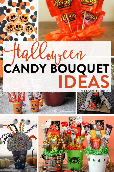 Halloween Candy Bouquet Ideas - 7 easy DIY candy bouquets for fun Halloween party decor or special trick or treaters. Plus they're fun to make! Diy Halloween Basket, Candy Bouquet Ideas, Easy Diy Candy, Halloween Candy Crafts, Candy Bar Bouquet, Diy Halloween Candy, Halloween Prizes, Halloween Candy Bar, Halloween Care Packages