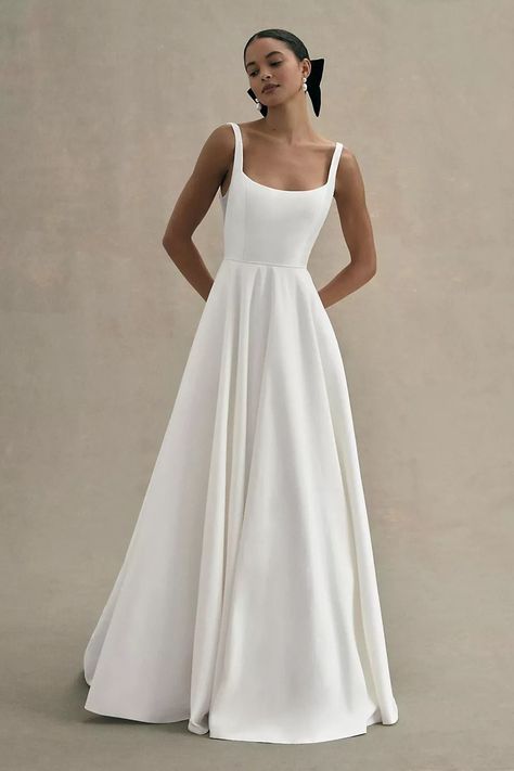 Lawrence Square-Neck Open-Back Taffeta Wedding Gown Scoop A Line Wedding Dress, Chateau Wedding Dress, Modest Minimalist Wedding Dress, A Line Vintage Wedding Dress, Fun Elopement Dress, Jenny Yoo Lawrence, Jenny By Jenny Yoo, Square Neck Wedding Dress, Unusual Wedding