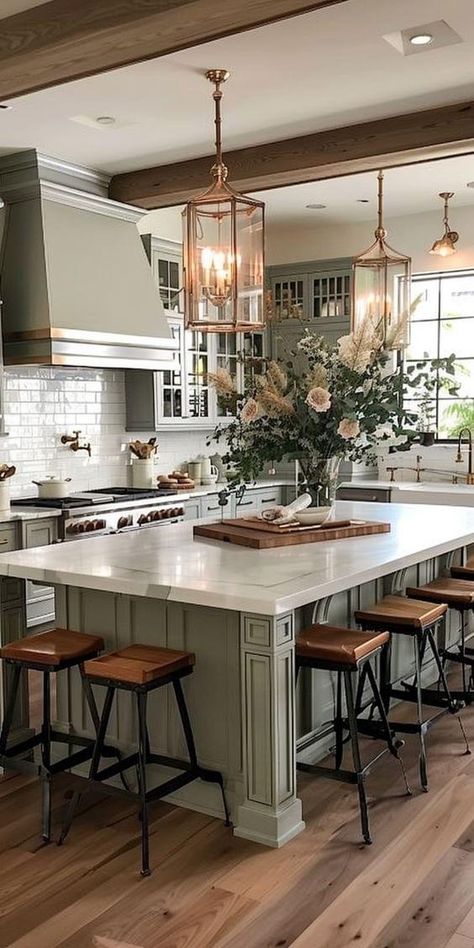 Open Dinner Room, Kitchen Island With Decorative Post, Super Long Kitchen Island, Island In Kitchen With Seating, Kitchen Colonial Style, Seated Island Kitchen, Open Kitchen Plan Layout, Beautiful Farmhouse Kitchens, Island With Chairs On Both Sides