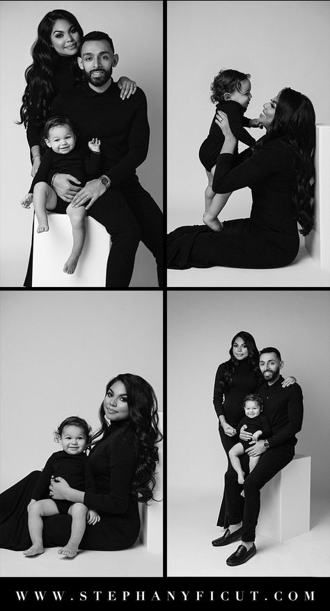 Studio Portrait Photography Family, Entire Family Photoshoot, Self Studio Photoshoot Family, Family Picture Poses Studio, White Tee Family Pictures, Family Potrait Photoshoot Outfits, Studio Photoshoot Ideas Family Of 3, Family Black Outfits For Pictures, Black Outfits Photoshoot Family