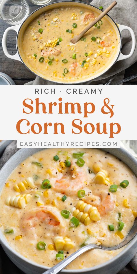 Creamy with a kick, this shrimp and corn soup is the perfect dish for a chilly day. It combines tender shrimp, sweet corn, thick cream, and a blend of spices for a deliciously satisfying dish that's more like a bisque than soup. Shrimp And Corn Soup, Shrimp And Corn, Corn Soup, Fall Soups, Soup And Stew, Corn Chowder, Easy Soups, Easy Soup Recipes, Homemade Soup