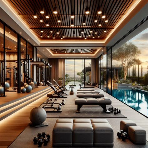 Create a personal fitness oasis with a luxury home gym that includes an outdoor pool and spacious workout area. A blend of elegance and functionality. #LuxuryHomeGym #OutdoorFitnessOasis #CustomGymDesign #PoolsideWorkout #ElegantFitnessSpace #Pool Home Gym Modern Luxury, Pool And Gym Design, Home Gym Modern, Luxurious Home Gym, Luxury Indoor Pool, Luxury Gym Design, Luxury Gym Interior, Fancy Gym, Classy Gym Interior