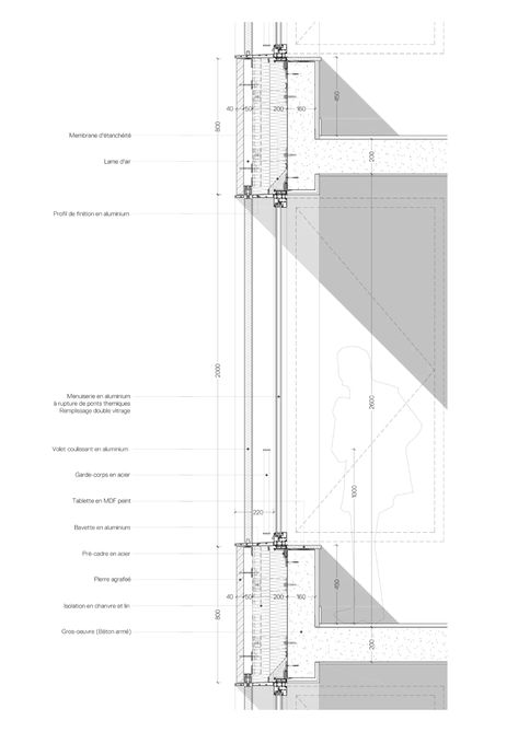 THE architectes, Maxime Verret · ROUGET DE LISLE · Divisare Wall Section Detail, Urban Living Room, Detail Drawing, Window Detail, Concrete Facade, Concrete Materials, Architecture Collage, Construction Details, Interior Sketch