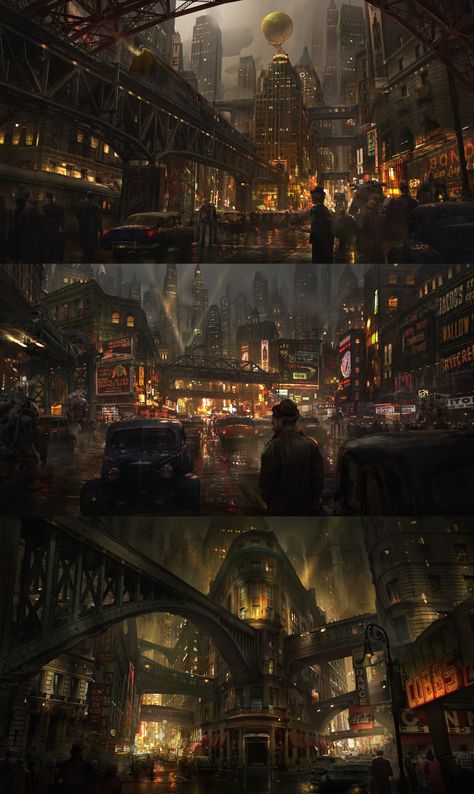 #Dieselpunk #Noir #Pulp #GothamCity Dystopian Steampunk City, Dieselpunk City Concept Art, Dieselpunk Landscape, Diesel Punk Aesthetic, Fantasy Dieselpunk Art, Dieselpunk Art City, Dieselpunk Aesthetic City, Fantasy Steampunk Art, Noir City Art