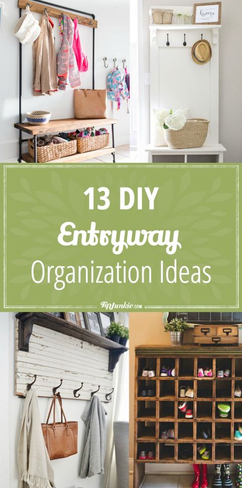 13 DIY Entryway Organization Ideas Entryway Organization Ideas, Family Entryway, The Dumping Ground, Family Organization Wall, Entry Organizer, Organizations Ideas, Entryway Flooring, Apartment Storage, Diy Entryway