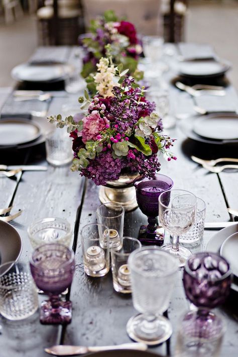 Wanderlust Wedding, Purple Wedding Inspiration, Jewel Tone Wedding, Gold Color Palettes, Rustic Wedding Centerpieces, Elegant Dinner, Long Table, Wedding Tablescapes, Purple And White