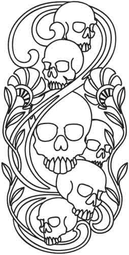 Skulls Nouveau design (UTH1910) from UrbanThreads.com Skulls And Flowers, Skull Coloring Pages, A Coloring Page, Leather Tooling Patterns, Tooling Patterns, Urban Threads, Tattoo Sketch, Leather Carving, Paper Embroidery