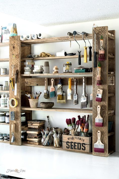 Paint Supply Storage Ideas, Storing Paint Supplies, Paint Studio Organization, Small Artist Studio Workspaces, Art Studio At Home Organization, Small Art Studio Storage, Small Art Studio Organization, Storing Art Supplies, Artroom Organizing