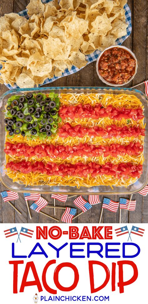 No-Bake 7 Layer Taco Dip in Flag Shape - such a fun and patriotic dip for Memorial Day, 4th of July, and Labor Day! Can just layer the dip ingredients if not serving for a patriotic holiday. Refried beans, diced green chiles, guacamole, taco seasoning, sour cream, corn, cheese, tomatoes, green onions, and olives. Can add ground beef, chicken, lettuce, onions, bell peppers - whatever you like! Make in advance and refrigerate for later. #nobake #dip #tacodip #7layerdip #flagdip Patriotic Dip, Mexican Party Games, Sour Cream Corn, Hot Taco Dip, Layer Taco Dip, 7 Layer Taco Dip, Layered Bean Dip, Nacho Dip, Layered Taco Dip