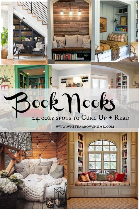 Book Nooks- 24 Cozy Spots to Curl Up + Read ~ White Arrows Home Library Nooks Ideas, Diy Book Bench Reading Nooks, Reading Chairs Comfy Nook, Home Library Design Ideas Cozy, Reading Loft Ideas Small Spaces, Books Nook Ideas, Cute Home Library Ideas, Home Library Rooms Cozy, Library Style Bedroom