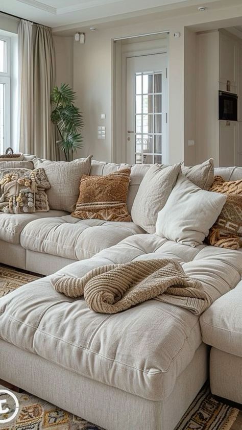 Oversized Pillows Couch, Extra Deep Sofa Living Room, Textured Couch Living Room, Cozy Throw Blanket Couch, Living Room Comfy Couch, Cozy Living Room Couch Ideas, Stone Color Couch Living Room, Neutral Couches Living Room, Throw Blanket On Back Of Couch