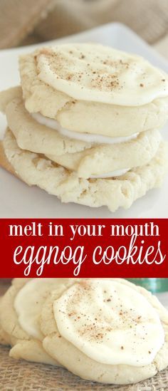 Melt-In-Your-Mouth Eggnog Cookies - One of my favorite holiday cookies!! These moist cookies are awesome for a cookie exchange or the Christmas cookie swap! Moist Cookies, Eggnog Dessert, Christmas Cookie Swap, Eggnog Cookies, Soya Mumu, Eggnog Recipe, Christmas Cookie Exchange, Cookie Swap, Cookie Exchange