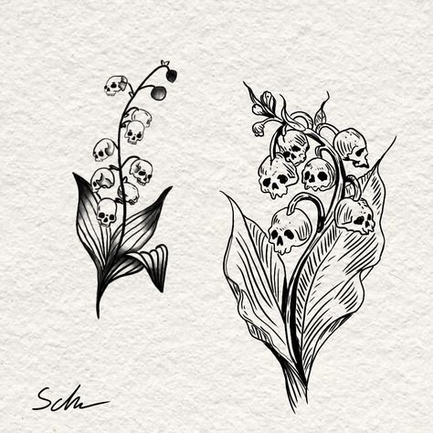 Lily Skull Tattoo, May Tattoo Ideas Birth Month, Tattoo Front, Lily Of The Valley Tattoo, Sketch Tattoos, Valley Tattoo, Tattoo Themes, Arte Peculiar, Muster Tattoos