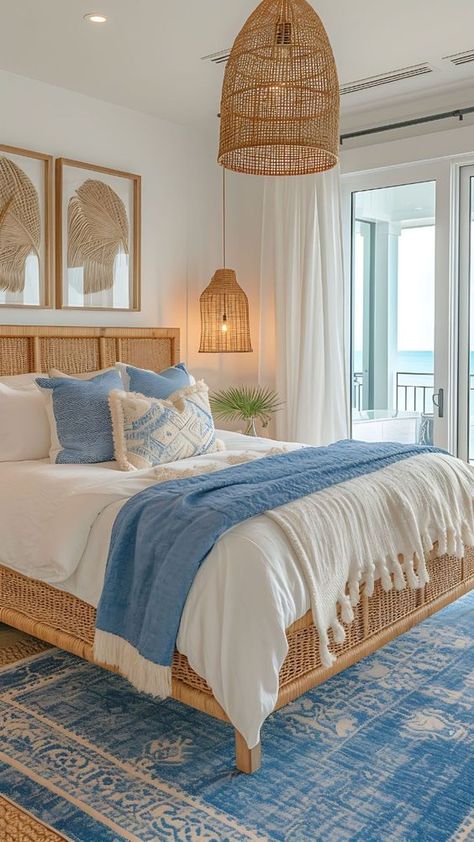 Dive into the serene elegance of coastal chic home decor with our mood board inspiration! Discover light, airy spaces adorned with soft blues, sandy neutrals, and natural textures. From wicker furniture and driftwood accents to nautical stripes and ocean-inspired art, create a tranquil beachside retreat in your own home. Nancy Meyers inspiration perfect for those who love the calming vibes of the coast. Explore now and bring a breath of fresh sea air to your living space! Nancy Meyers Beach House, Costal Blue Room, Tranquil Interior Design, Beach House Bedroom Aesthetic, Sea House Interior, Summer Vibes Room, Costal Bedroom Idea, Light Blue Room Aesthetic, Nancy Meyers Bedroom