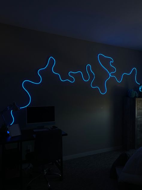 Led Wall Art Bedroom, Led Setup Room, Neon Strip Lights Design, Bendy Led Lights, Led Rope Lights Bedroom Wall, Unique Led Lighting Ideas, Wave Led Light, Led Rope Light Designs, Flexible Led Strip Lights Ideas