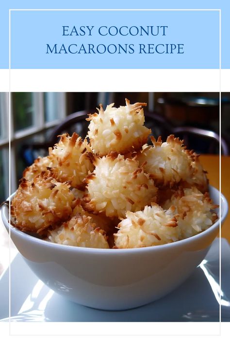 Looking for a delightful treat? Try these easy coconut macaroons! Perfectly sweet and chewy, they're made with toasted coconut and are simple to whip up for any occasion. Whether you're planning a party or just craving something tasty, this recipe is a winner. Bake a batch today and enjoy these scrumptious cookies while impressing your friends and family with your baking skills. Dive into a world of delicious flavors and make snacking fun again with these easy treats Coconut Macarons Recipes, Chewy Coconut Macaroons, Toasted Coconut Macarons, Macaroons Recipe Easy, Coconut Macaroon Cookies Recipes, Easy Macaroons, Easy Coconut Macaroons, Easy Macaroons Recipe, Coconut Macaroon Cookies