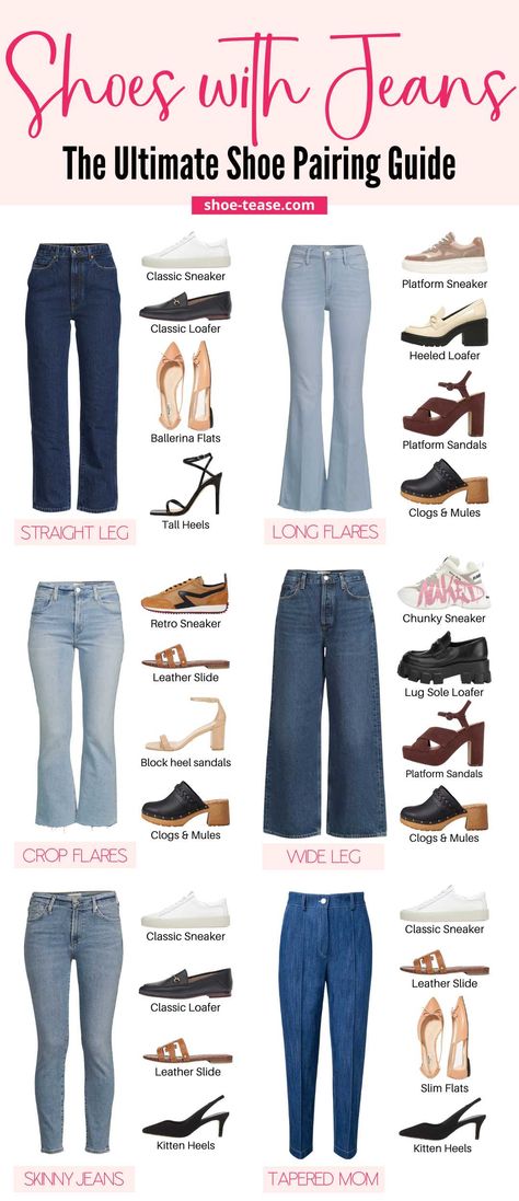 A visual guide for the best women's shoes for jeans of all kinds. Shoes For Jeans, طفلة حديثة الولادة, Outfits Con Jeans, Jeans Outfit Women, Fashion Vocabulary, Jeans Outfit Casual, Everyday Fashion Outfits, All Jeans, Quick Outfits