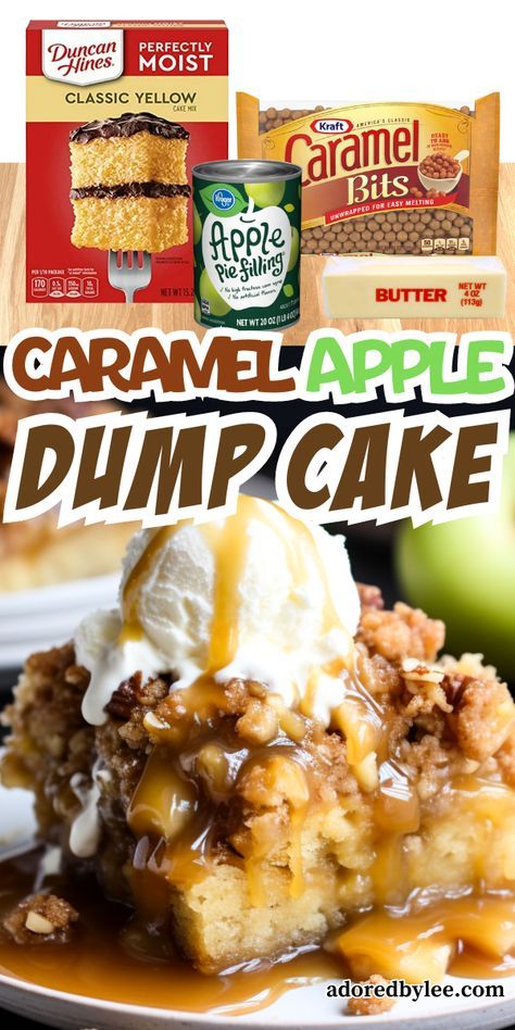 This caramel apple dump cake recipe is so easy to make and perfect for family get-togethers. Dump Cake For Thanksgiving, Spiced Dump Cake, Quick Dump Cake, Caramel Apple Dump Cake With Fresh Apples, Caramel Apple Cookie Dough Dump Cake, White Cake Dump Cake, Easy Baked Apple Dessert, Easy Dump Cake Desserts, Caramel Apple Dump Cake With Pie Filling And Caramel Bits