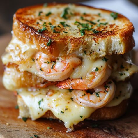 Garlic Bread Shrimp Grilled Cheese, Elevated Comfort Food, Cheesy Garlic Bread Shrimp Grilled Cheese, Elevated Grilled Cheese, Grilled Food Ideas, Crab Grilled Cheese, Breakfast Seafood, Creative Breakfast Ideas, Shrimp Cheese