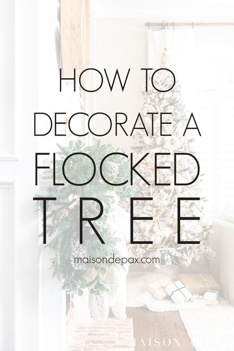 Tips on how to decorate a flocked tree beautifully! #christmastree #christmasdecor Farmhouse Flocked Christmas Tree Ideas, Small Flocked Christmas Tree Decor, Flocked Tree Ideas, Flocked Trees Ideas, Flocked Trees Decorated, White Flocked Christmas Tree, Metallic Ornaments, Garland Ribbon, Flocked Garland