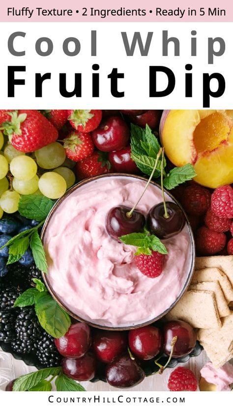 Looking for a creamy and delicious fruit dip that’s quick to make? Look no further than this fluffy Cool Whip fruit dip! This rich and satisfying Cool Whip cream cheese fruit dip is the easiest, quickest snacks you’ll ever make.  You only need 2 ingredients and 5 minutes to whip up the easy recipe. This dip goes perfectly with all your favorite fruits and adds a pretty pop of color to your fruit platter. Serve it chilled on a colorful fruit tray for a refreshing treat! | CountryHillCottage.com Cool Whip Fruit Dip, Sweet Dips Recipes, Strawberry Fruit Dips, Strawberry Cheesecake Dip, Salad Meals, Easy Fruit Dip, Cream Cheese Fruit Dip, Fruit Dips Recipes, Fruit Platter Designs